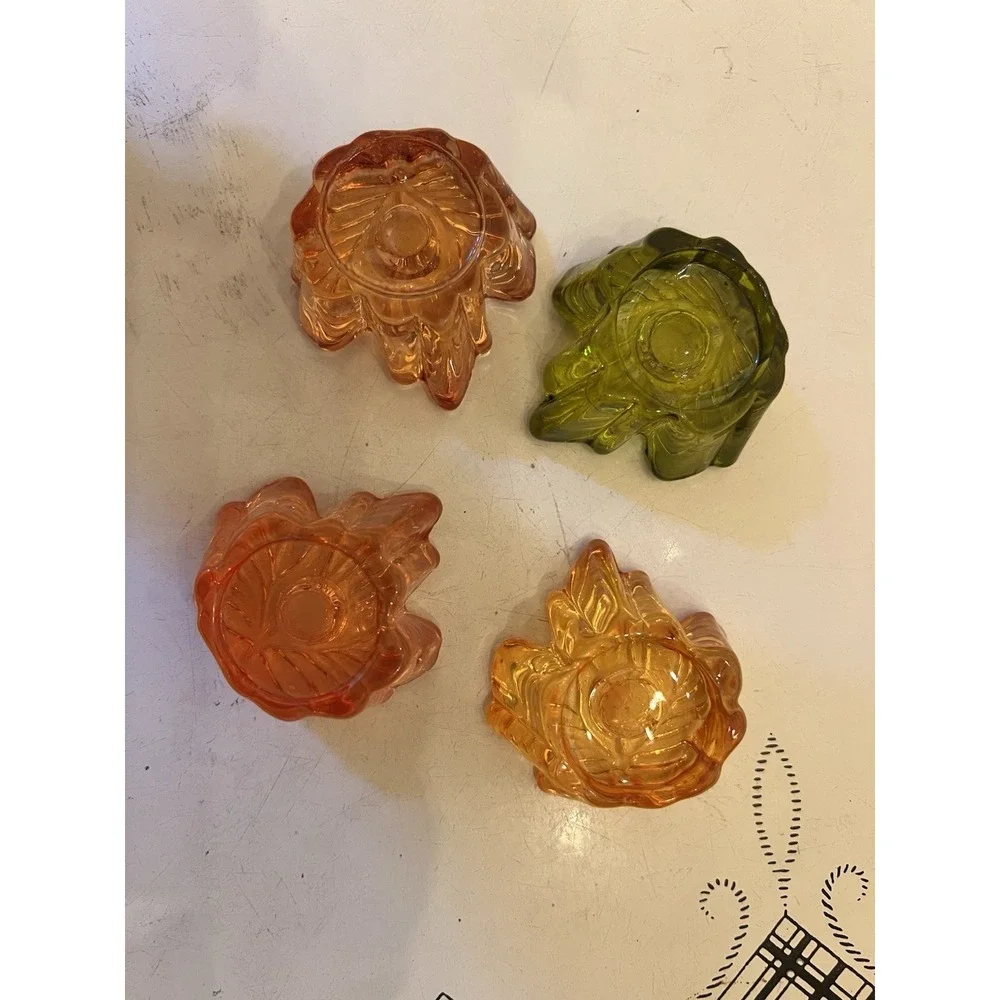Williams Sonoma CANDLE HOLDER GLASS FALL LEAVES Tiny Taper AUTUMN Set Of 4